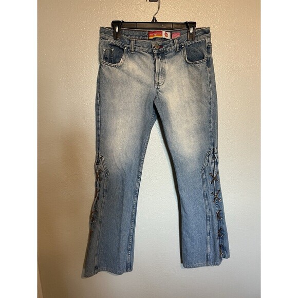 Vintage Y2K low rise Kosuiko Flare Light Wash Denim Jeans Leather Lace Up - Picture 1 of 10